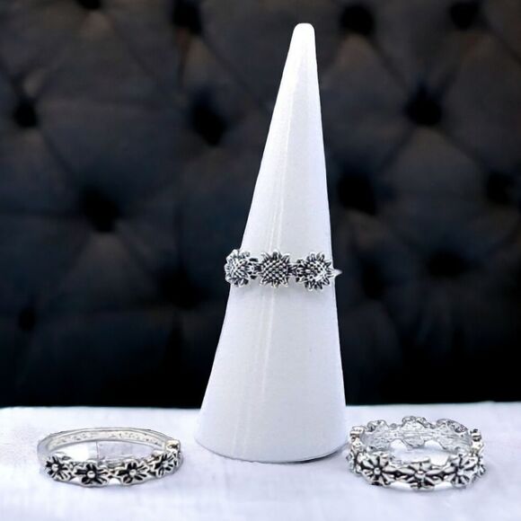 3 pc Set Stackable Gypsy Boho Knuckle Rings Sunflower Floral Silver Zinc Alloy - Picture 2 of 6